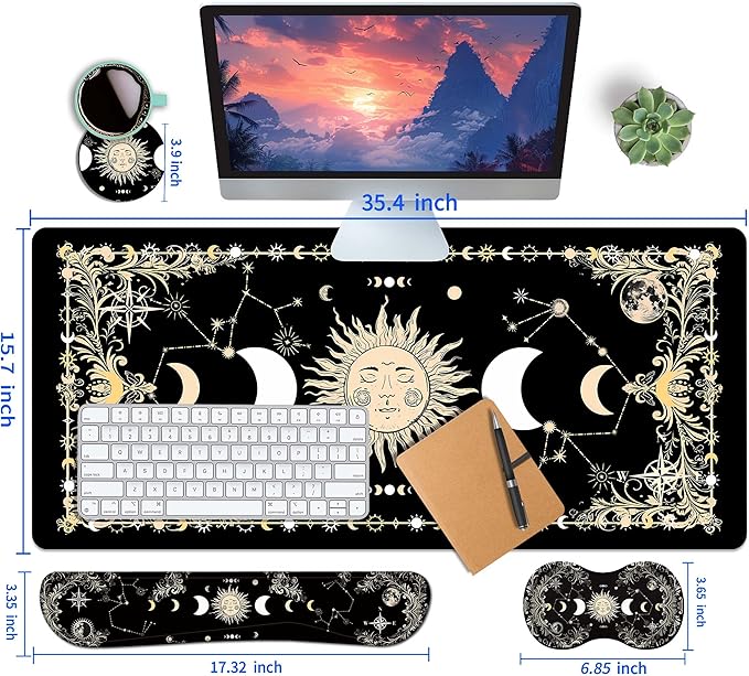 4-Piece Extended Large Mouse Pad Set for Women Men with Moon Face Design Includes 35.4 x 15.7 XXL Large Mouse Pad Keyboard Wrist Rest Mouse Wrist Support and Coaster for Office Home