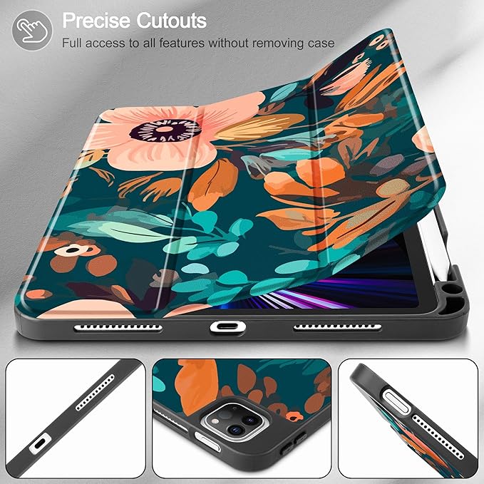 May Chen Case for iPad Pro 11 inch (4th, 3rd, 2nd & 1st Gen) 2022 2021 2020 2018, Trifold Stand + Pencil Holder + Auto Wake/Sleep + Soft TPU Protective Stand Back Cover, Abstract Florals