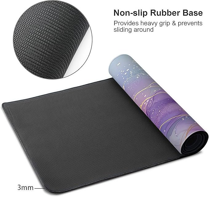 Large Mouse Pad, Purple Pink Marble Pattern with Gold Accents, 35.4 x 15.7 Inches, Rubber Base, Rectangular, Gaming