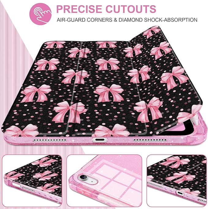 DONGKE for iPad Pro 11 inch Case – Fits M5 2025 / M4 2024, Shockproof Sparkling Glitter Acrylic Back, Pencil Holder, Trifold Stand, Auto Sleep/Wake & Touch ID Support - Pink Bows
