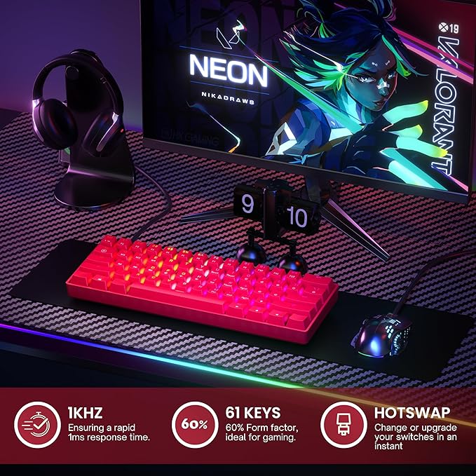 GK61 Mechanical Gaming Keyboard - 61 Keys Multi Color RGB Illuminated LED Backlit Wired Programmable for PC/Mac Gamer (Gateron Optical Black, Red)