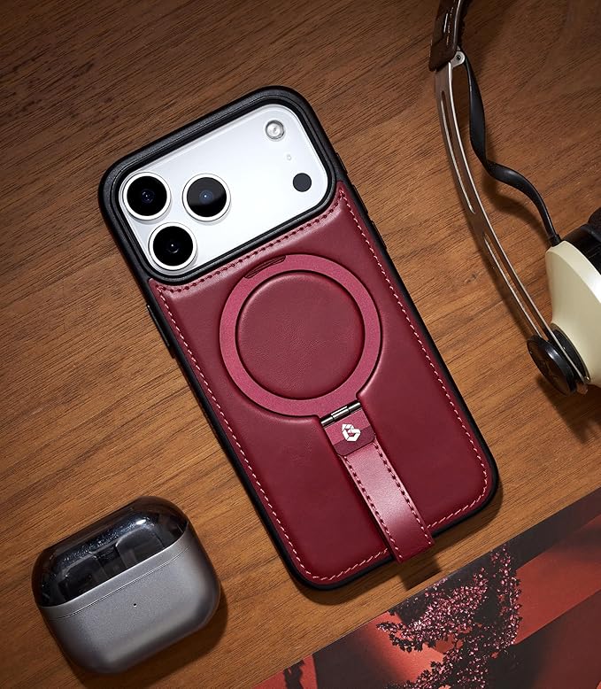 Butaiga for iPhone 17 Pro Leather Case with Stand, Anti-Slip Grip Ring, Fits for MagSafe (Burgundy, iPhone 17 Pro)