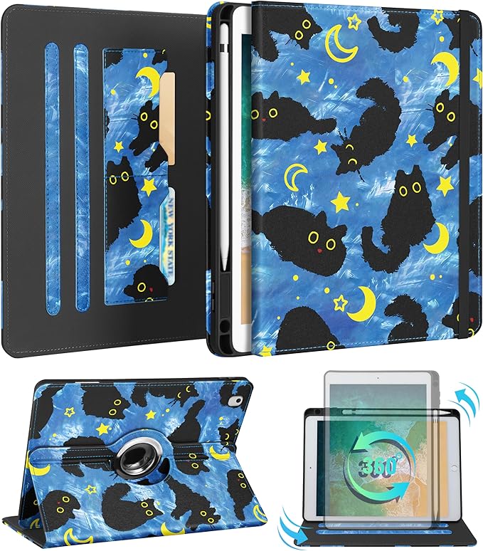 Kidcube for iPad 5th Generation Case 2017/Air 1st 2013/Pro 9.7 Inch Case 2016 - Women Girls Kids Cute Rotating Stand Folio Cover with Pencil Holder & Card Slot Girly Cat Stars Blue Teen Design Cover