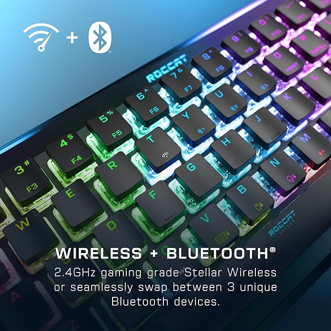 ROCCAT Vulcan II Mini Air 65% Optical Mechanical Gaming Keyboard, Full Wireless and Bluetooth Capabilities, Customizable RGB Illumination, Button Duplicator, On-Board Profiles, Aluminum Plate – Black