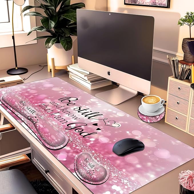 Large Gaming Mouse Pad Set 35.4 x 15.7 with Keyboard Wrist Rest, Wrist Support, and Coaster Memory Foam Smooth Desk Pad Mousepad for Home Office School - Christian Bible