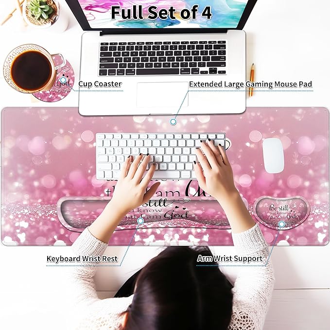 Large Gaming Mouse Pad Set 35.4 x 15.7 with Keyboard Wrist Rest, Wrist Support, and Coaster Memory Foam Smooth Desk Pad Mousepad for Home Office School - Christian Bible