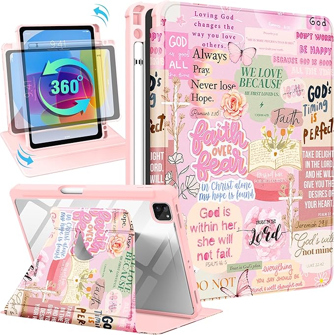 Uppuppy for iPad Air 13 inch Case(Air M4 2026/M3 2025/M2 2024), for iPad Pro 12.9 Case(6th/5th/4th/3rd/2nd/1st Gen) - 360 Rotating Smart Folio Cover with Pencil Holder for Women Girl, Christian Words