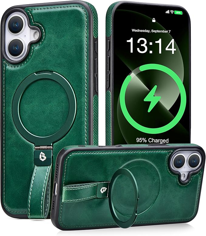 Butaiga for iPhone 17 Leather Case with Stand, Anti-Slip Grip Ring, Fits for MagSafe (Green, iPhone 17)