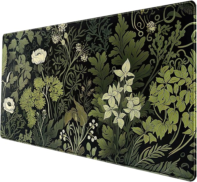 Green Leaves Beige Plants Pad, Large Extend Mouse Pad XXL, Freshness Foliage Keyboard Mat, Black Esthetics Desktop Mat Laptop Wireless Mouse Mat, Gift for Women 31.5"x15.75"