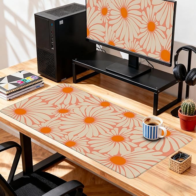 Desk Cover Mat, Extended Large Anime Mouse Pad, Computer Laptop Mat Desk Decor for Office Game Home 31.5 X 15.7 Inch (Orange Floral)
