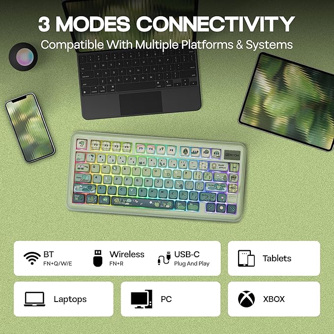 KiiBoom Phantom81 Lite 75% Gasket Mechanical Keyboard, QMK&VIA Programmable, 3 Modes Wireless Gaming Keyboard, RGB Backlights, ABS Case + UV Tech, Hot-Swappable for Windows/Mac/Linux (Green)