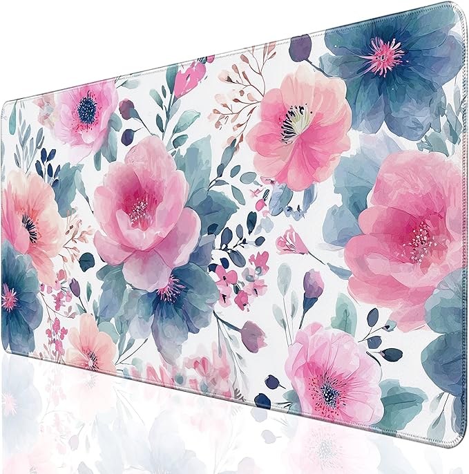 Desk Cover Mat, Floral Large Mouse Pad, Computer Laptop Mat Desk Decor for Women Girls 31.5 X 15.7 Inch (Watercolor Pink Flowers)