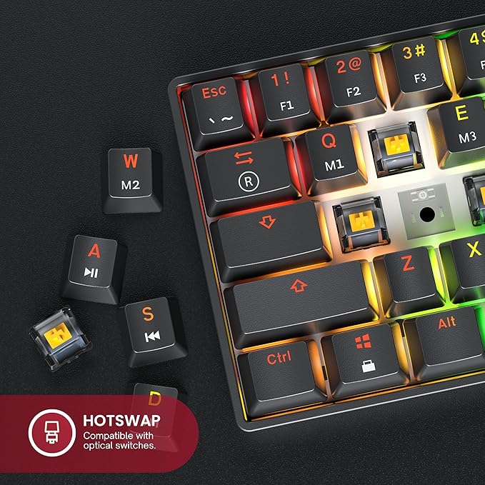 GK61 Mechanical Gaming Keyboard - 61 Keys Multi Color RGB Illuminated LED Backlit Wired Programmable for PC/Mac Gamer (Gateron Optical Red, Black)