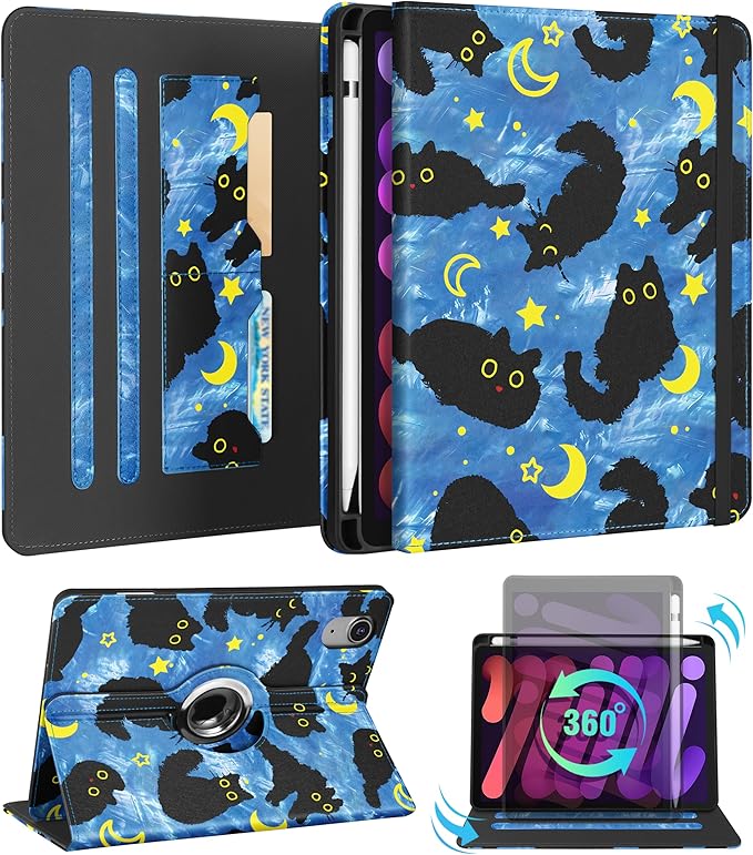 Kidcube for iPad mini 7 Case A17 Pro 2024, for iPad mini 6th Generation Case 8.3 Inch - Women Girls Cute Rotating Stand Folio Cover with Pencil Holder & Card Slot Girly Cat Stars Blue Teen Cover