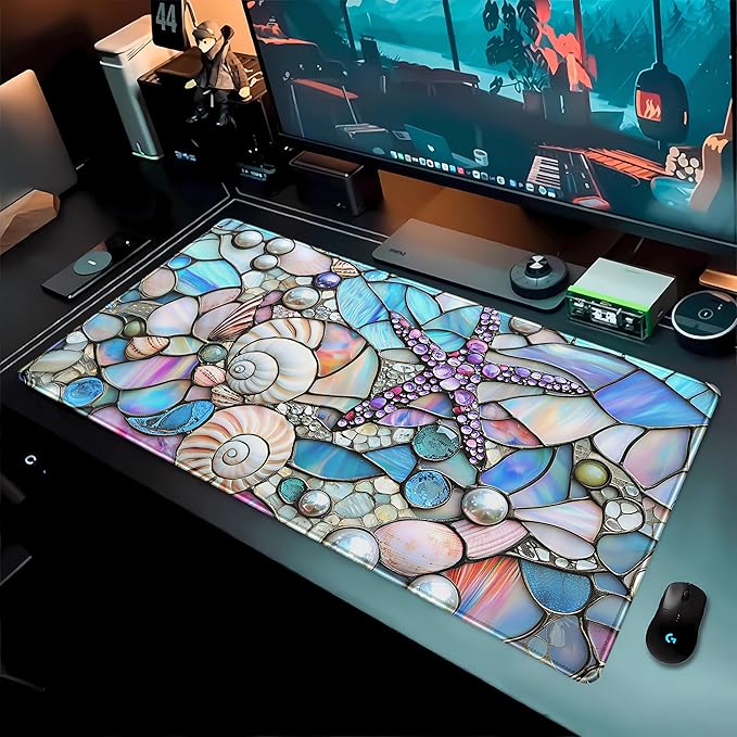 Stained Glass Desk Mat Large Mouse Pad Extended Desk Pad, Gaming Computer Mouse Mat XXL, Big Desktop Keyboard Mat, Full Desk Laptop Pad for Office Work, Ocean Desk Decor Aesthetic 31.5×15.7 Inch