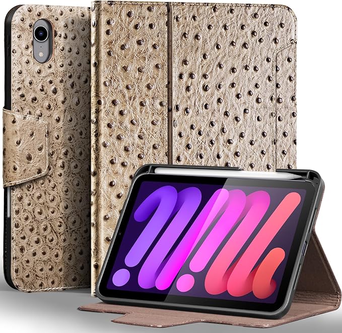 Gexmil Premium Leather Case for iPad mini 7 (A17 Pro) 2024 / iPad mini 6 Generation 2021 8.3 Inch,Pencil Holder, Magnetic Closure,Shockproof Cowhide Cover,Adjustable Stand,Khaki