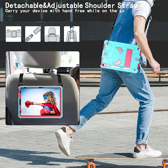Dteck for iPad Air (3rd Generation) 2019 and iPad Pro (2017 Release) Hard Case 10.5" with Kickstand, Shoulder Strap/Screen Protector Film/Stylus Included, Shockproof Cute Spider Kid's Cover, Mint/Rose