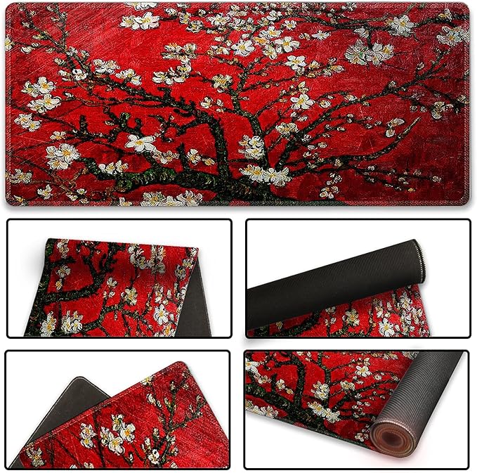 Extended Gaming Mouse Pad XXL ArtSo Large Keyboard Mat Long Mousepad Desk Decor Writing Pad Non Slip Rubber Base Stitched Edges for Work, Game, Office, Home, 35.1" x 15.7", Red Painting