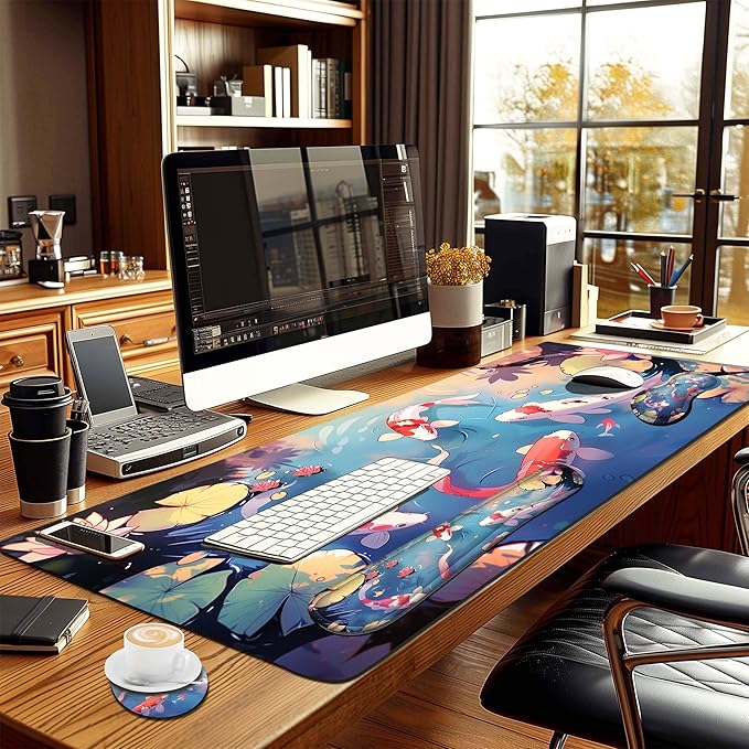 4-Piece Extended Large Mouse Pad Set for Women Men with Colorful Koi Design Includes 35.4 x 15.7 XXL Large Mouse Pad Keyboard Wrist Rest Mouse Wrist Support and Coaster for Office Home