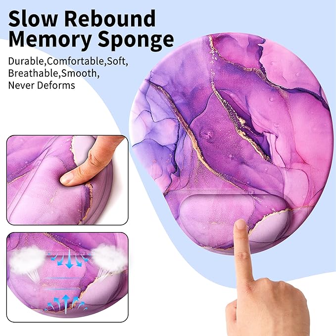 Ergonomic Mouse Pad with Wrist Support,Cute Mouse Pads with Wrist Rest,Comfortable Mouse Pad for Home Office Gaming Working Computers Laptop,Pain Relief with Non-Slip PU Base (Purple Marble)