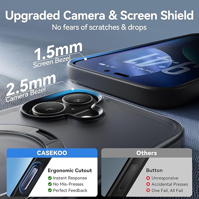 CASEKOO Ultra-Magnetic Stand for iPhone 17 Case [Military Drop Protection] [Compatible with MagSafe] Shockproof Translucent Slim Matte for iPhone 17 Phone Case with Ring Holder 6.3 Inch, Black