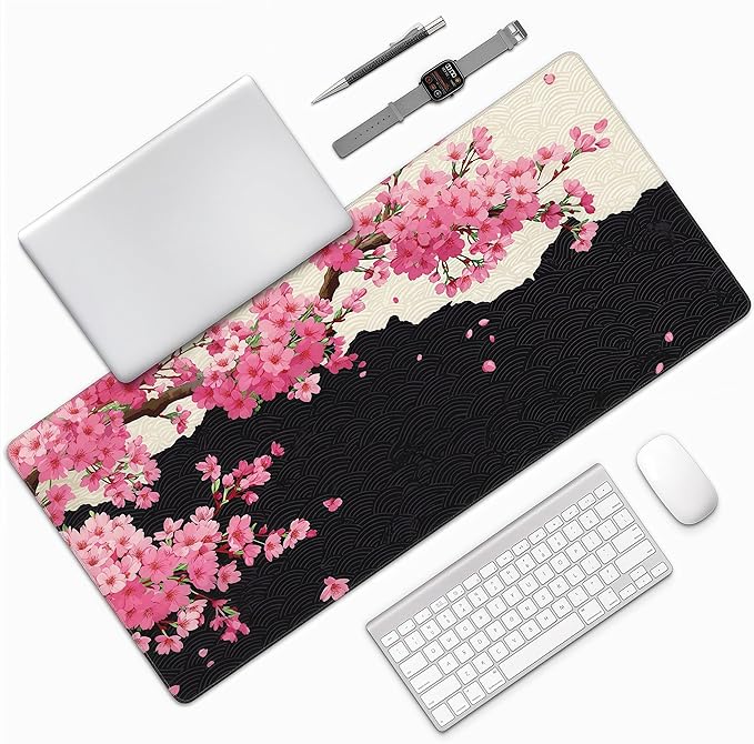 Extra Large Mouse Pad, Cherry Blossom Floral Pattern, Non-Slip Rubber Base, 35.4 x 15.7 Inches, Rectangular Desk Pad
