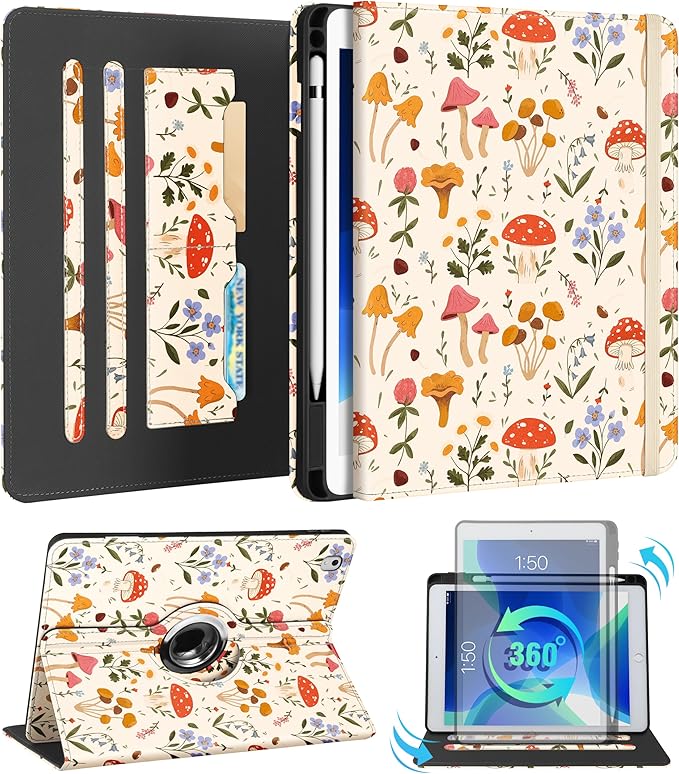 Kidcube for iPad Air 3rd Generation Case/Pro 10.5 Inch Case - Women Girls Kids Cute Rotating Stand Folio Cover with Pencil Holder & Card Slot Mushroom Flowers Design Cover for iPad Pro 10.5''/Air 3rd