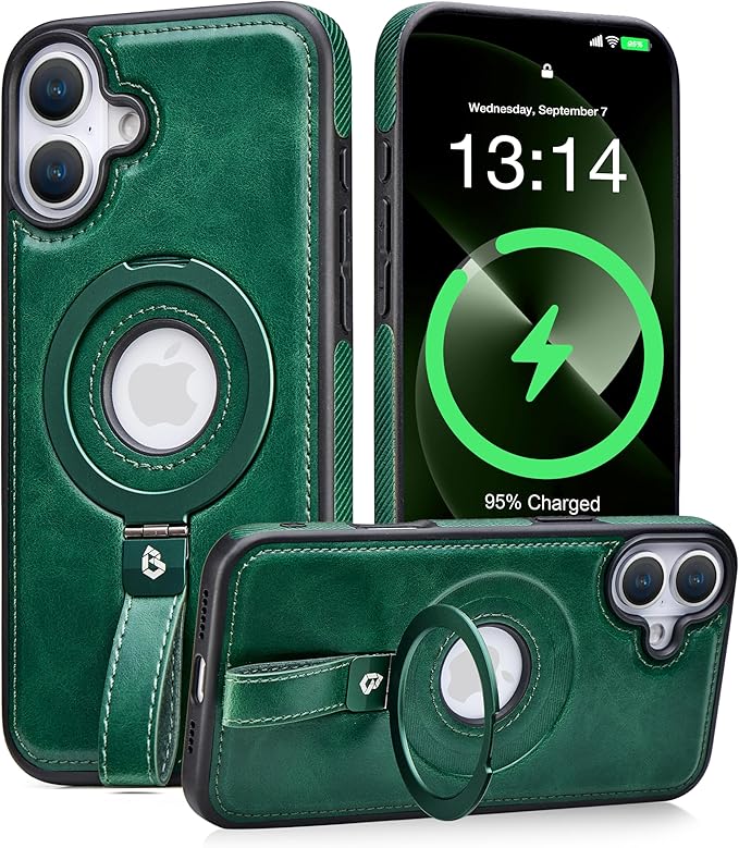 Butaiga for iPhone 16 Leather Case with Stand, Anti-Slip Grip Ring, Fits for MagSafe (Green, iPhone 16)