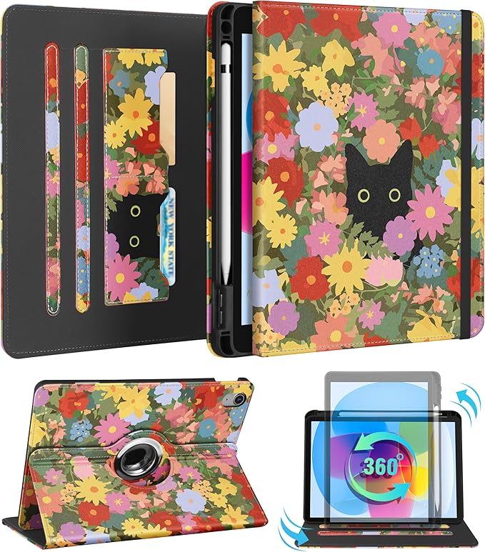 Kidcube for iPad 10th Generation Case 2022, for iPad (A16) Case 11th Generation 2025 - Women Girls Cute Rotating Stand Folio Cover with Pencil Holder & Card Slot Girly Kawaii Cat Flower Design Cases