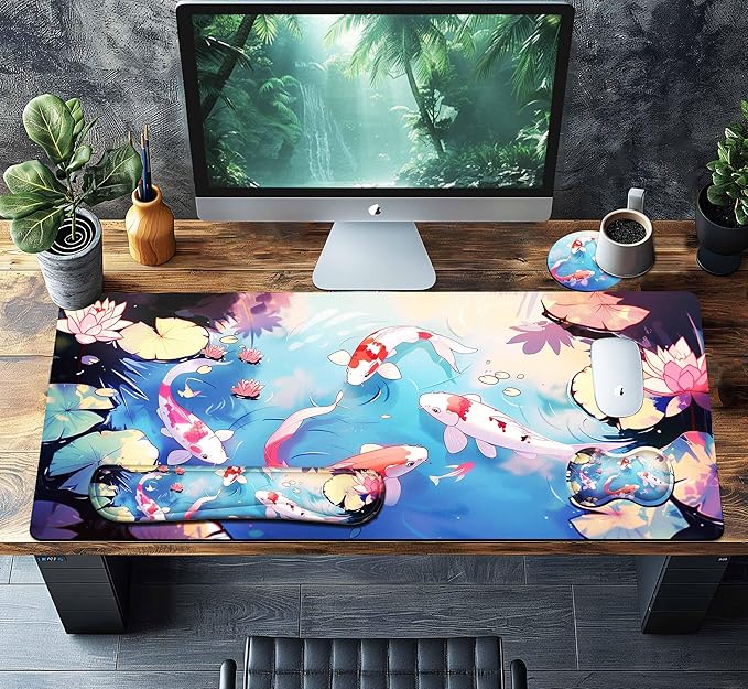 4-Piece Extended Large Mouse Pad Set for Women Men with Colorful Koi Design Includes 35.4 x 15.7 XXL Large Mouse Pad Keyboard Wrist Rest Mouse Wrist Support and Coaster for Office Home