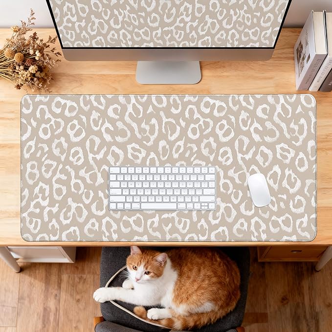 Desk Cover Mat, XXL Large Mouse Pad, Computer Laptop Mat Desk Decor for Office Game Home 31.5 X 15.7 Inch (Beige Leopard Print)