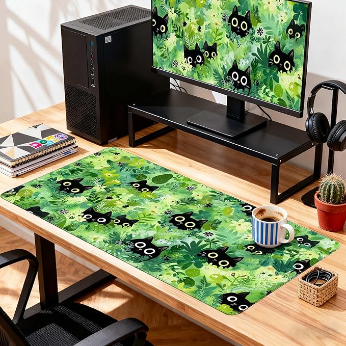 Desk Cover Mat, Extended Large Anime Mouse Pad, Computer Laptop Mat Desk Decor for Office Game Home 31.5 X 15.7 Inch (Green Plant Cat)