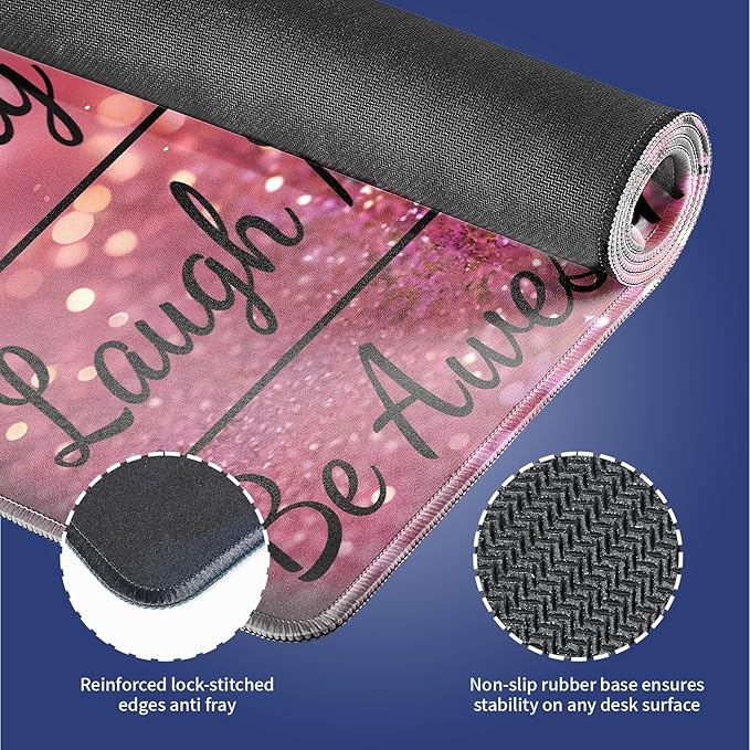 Extra Large Gaming & Office Mouse Pad (31.5" x 11.8") – Inspirational Quote Stay Positive Work Hard & Pink Glitter Design, Premium Anti-Slip XXL Desk Mat with Durable Stitched Edges
