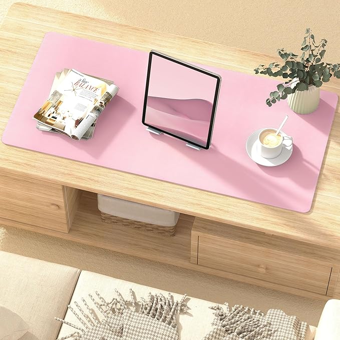 Mouse Pad Desk Protector Mat, Large PU Leather Office Desk Mat, Non-Slip Desk Pad for Keyboard and Mouse, Waterproof Desk Blotter Pad for Writing, Wide & Smooth Laptop Desk Pads, Pink (17’’X36’’)