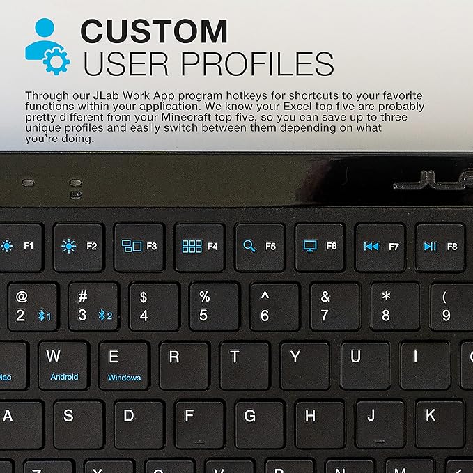 JLab JBuds Wireless Keyboard, Black, 95 Keys, Connect Via Bluetooth or USB Wireless Dongle, Multi-Device Toggle, Soft Touch Keys, Smart Media Knob, Custom User Profiles, Rechargeable (1 Pack)