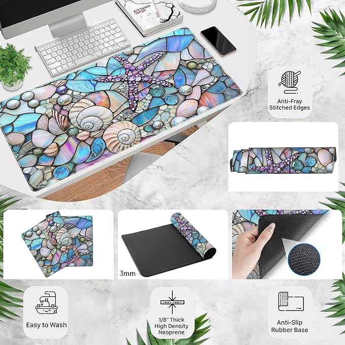 Stained Glass Desk Mat Large Mouse Pad Extended Desk Pad, Gaming Computer Mouse Mat XXL, Big Desktop Keyboard Mat, Full Desk Laptop Pad for Office Work, Ocean Desk Decor Aesthetic 31.5×15.7 Inch