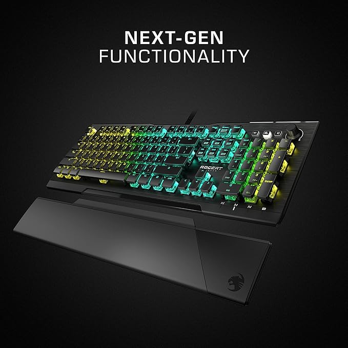 ROCCAT Vulcan Pro Linear Optical PC Gaming Keyboard, Titan Switch Full Size with Per Key AIMO RGB Lighting, Anodized Aluminum Top Plate and Detachable Palm/Wrist Rest, Low Profile, Black