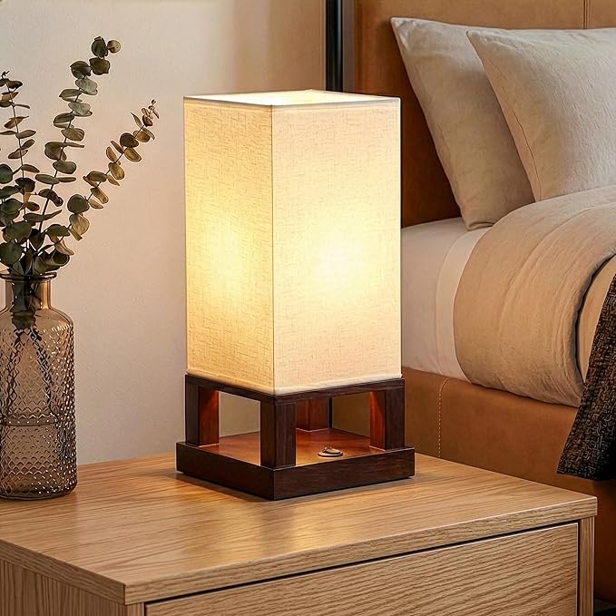 Brightech Maxwell Bedside Lamp with USB Port – Compact Table Lamp for Bedroom, Living Room - Modern Asian Nightstand Lamp with Wood Frame - LED Bulb, Soft Light - Havana Brown