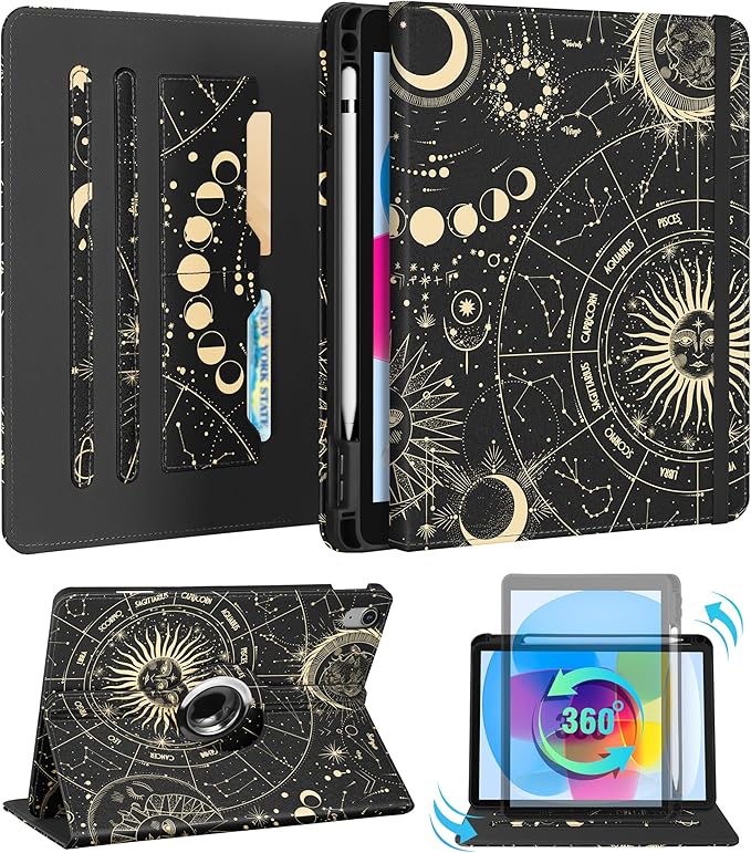 Kidcube for iPad 10th Generation Case 2022, for iPad (A16) Case 11th Generation 2025 - Women Girls Cute Rotating Stand Folio Cover with Pencil Holder & Card Slot Girly Sun Moon Star Design Teens Cases