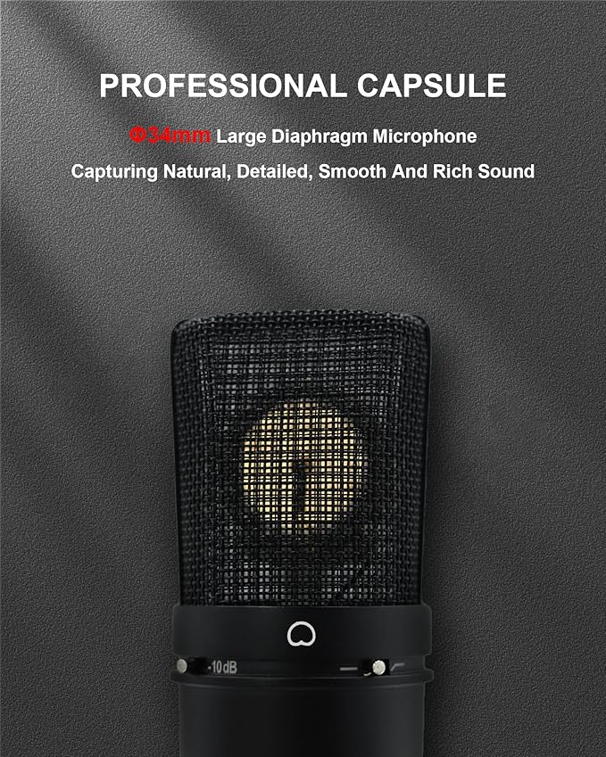 SUUNTOK XLR Microphone, Professional Condenser Microphone with 34mm Large Diaphragm, Cardioid Studio Recording Mic Computer Gaming PC TM87KB Mic Kit for Singing, Podcasting, YouTube (Black)