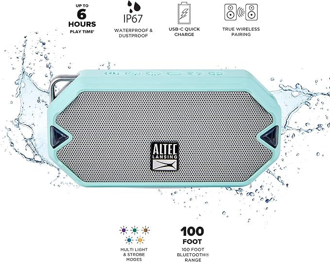 Altec Lansing - HydraMini Wireless Bluetooth Speaker, IP67 Waterproof USB C Rechargeable Battery with 6 Hours Playtime, Compact, Shockproof, Snowproof, Everything Proof (Mint Green)