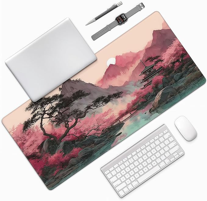 Gaming Mouse Pad, Japanese Cherry Blossom Watercolor Design, 35.4x15.7 Inches, Extended Desk Mat with Rubber Material, Rectangular Shape, Anti-Skid Base