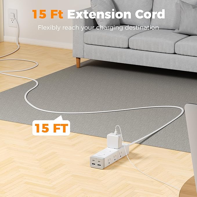 TESSAN Surge Protector Power Strip PD 20W, Ultra Thin Flat Plug 15 FT Extension Cord, 9 Outlets 4 USB(2 USB C), 1050J Protection Multiple Outlets Charging Station for Home, Office, College Dorm Room