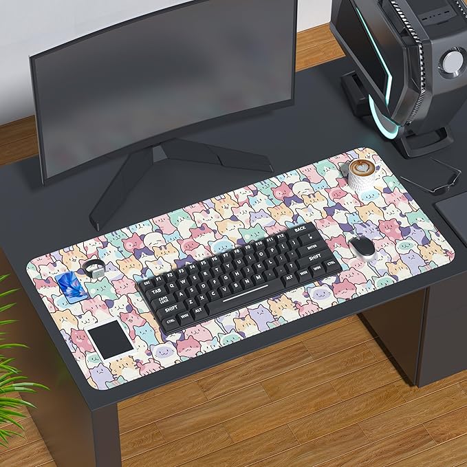 Cute Colorful Cats Large Gaming Mouse Pad for Desk,XL Big Mouse Pad Gaming Mat,Mousepad Desk Pad with Non-Slip Base and Stitched Edges,Keyboard Mouse Mat for Home Office Work,31.5 x 11.8 in