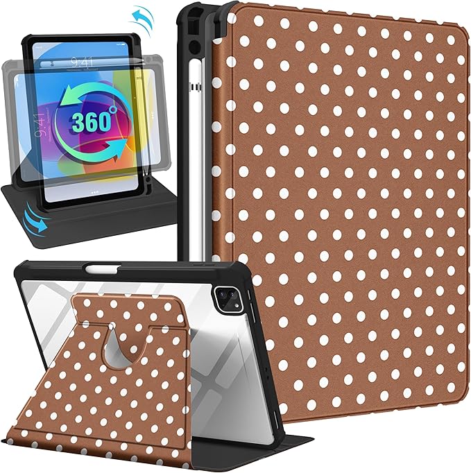 Uppuppy for iPad Air 13 inch Case(Air M4 2026/M3 2025/M2 2024), for iPad Pro 12.9 Case(6th/5th/4th/3rd/2nd/1st Gen) - 360 Rotating Smart Folio Cover with Pencil Holder for Women Girls, Brown Polka