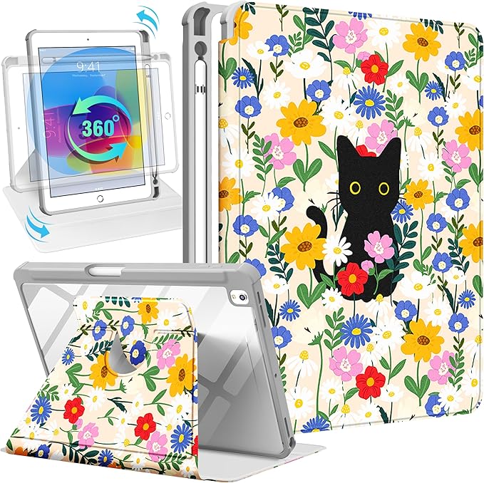 Uppuppy for iPad 9th/8th/7th Generation Case for iPad Air 3rd/ Pro 10.5” Case - 360 Rotating Stand Folio Smart Cover with Pencil Holder for Women, Cat & Flowers for Apple Tablet 7/8/9 Gen 10.2 inch