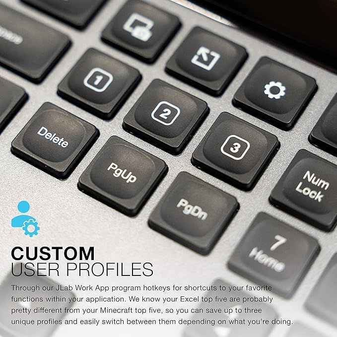 JLab Epic Wireless Keyboard, Black, 108 Keys, Connect Via Bluetooth or USB Wireless Dongle, Multi-Device Toggle, Soft Touch Keys, Smart Media Knob, Custom User Profiles, Rechargeable (1 Pack)