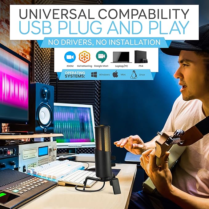 USB Microphone Selectable Pickup Pattern-4 in 1 Polar Pattern Selector Audio Cardioid Condenser Mic w/LED Effect Lights, Podcast Recording Kit for Gaming Streaming Podcasting Studio-Pyle PDMIUSBMT300