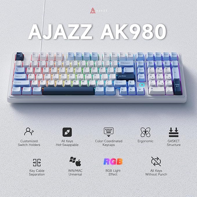 NACODEX AK980 Wired Mechanical Gaming Keyboard, 98% Gasket Hot Swappable Keyboard with RGB Backlit, PBT Keycaps, Five-Layer Padding, 101 Keys Gaming Keyboard, White Blue