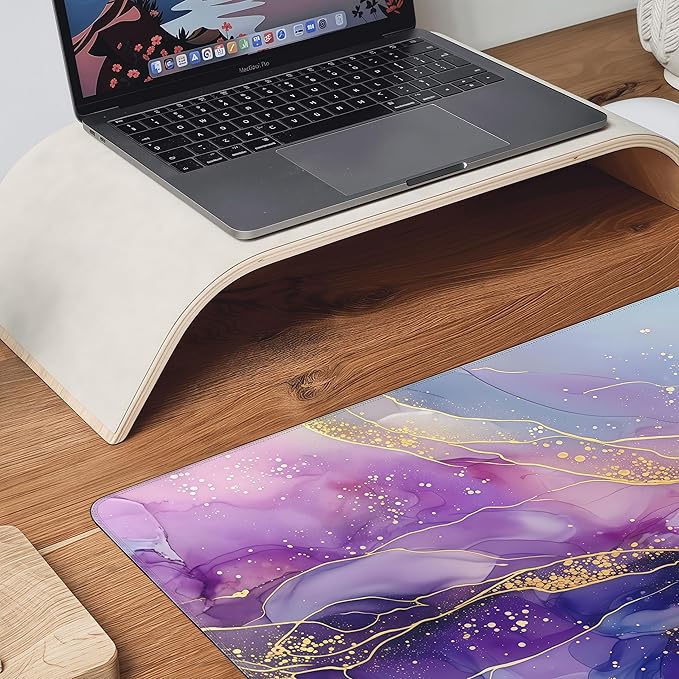 Large Mouse Pad, Purple Pink Marble Pattern with Gold Accents, 35.4 x 15.7 Inches, Rubber Base, Rectangular, Gaming